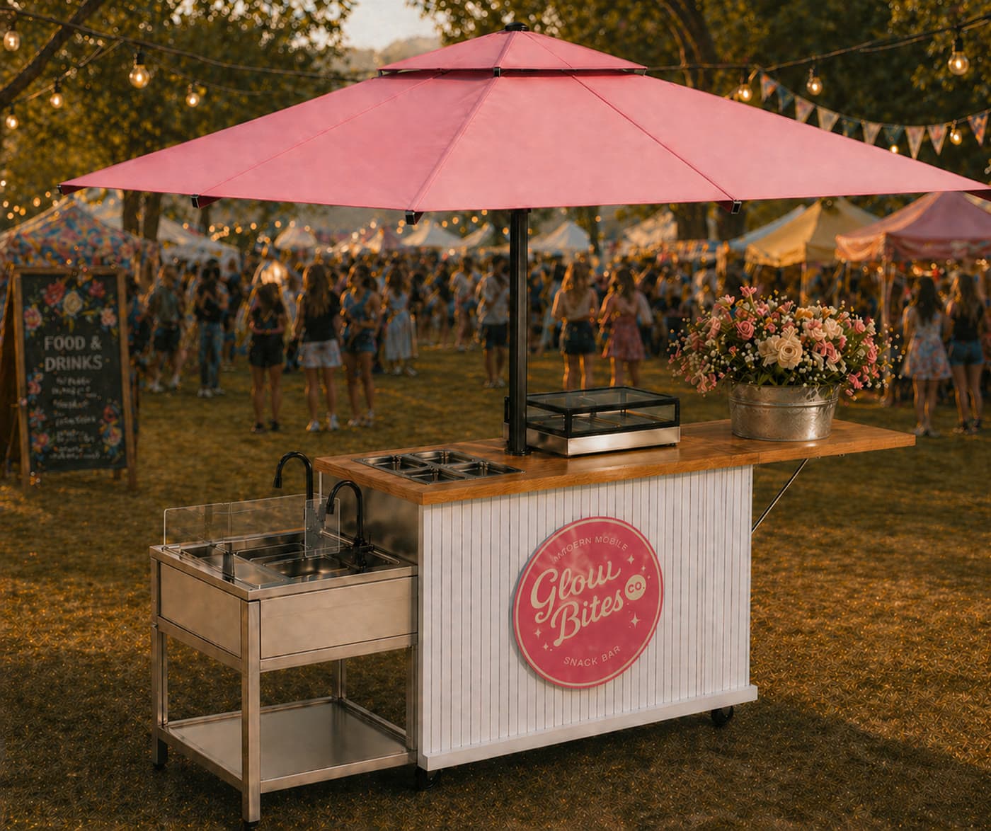 The Glow Bites cart with its pink parasol in a garden celebration