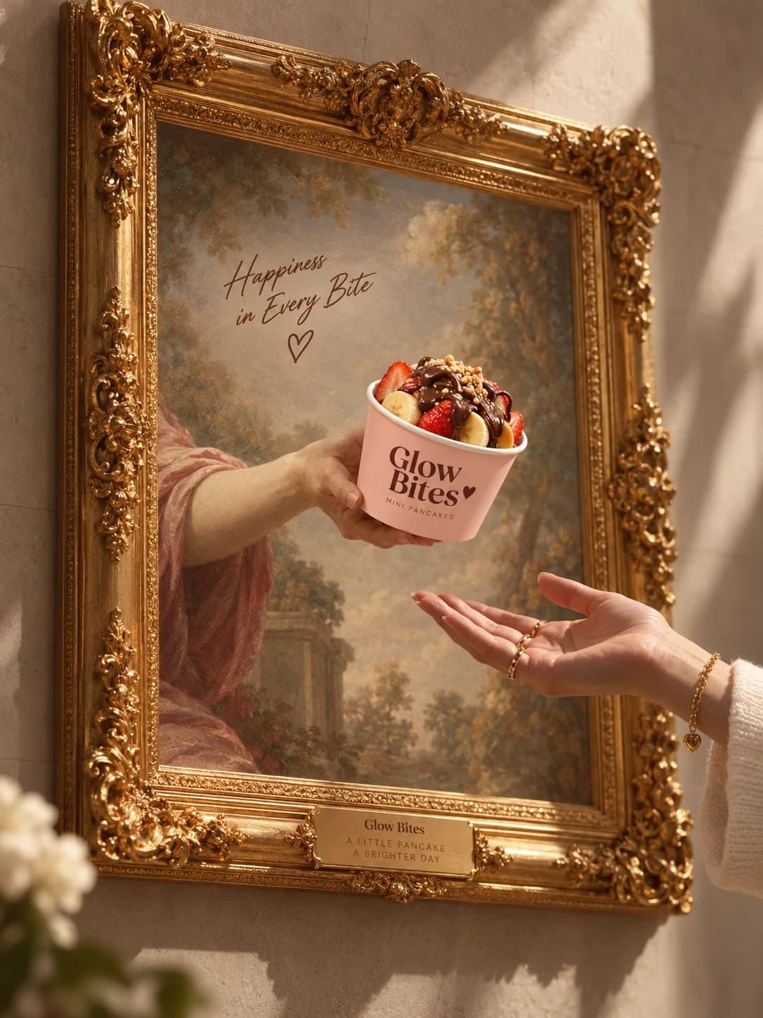A hand reaching out of a gilded painting to offer a Glow Bites cup of mini pancakes