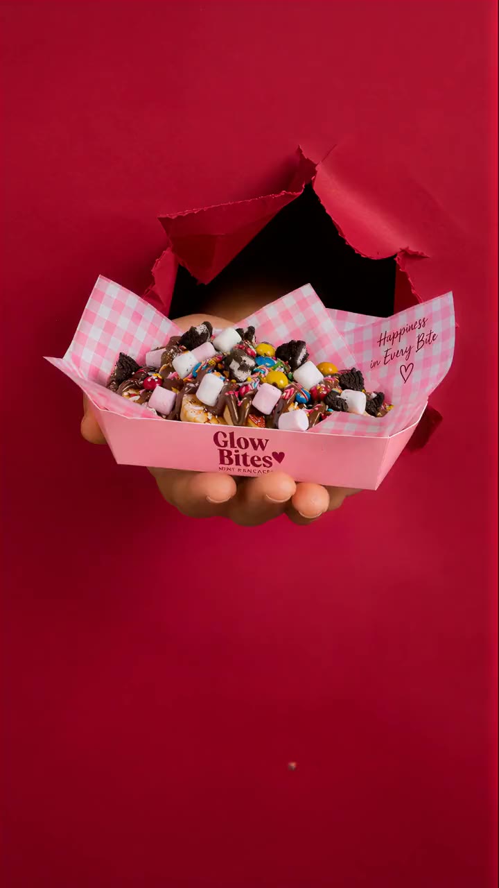 A hand bursting through red paper holding a Glow Bites box of mini pancakes with chocolate, marshmallows and sprinkles